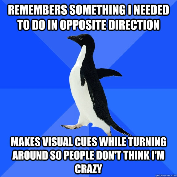 REMEMBERS SOMETHING I NEEDED TO DO IN OPPOSITE DIRECTION MAKES VISUAL CUES WHILE TURNING AROUND SO PEOPLE DON'T THINK I'M CRAZY  Socially Awkward Penguin