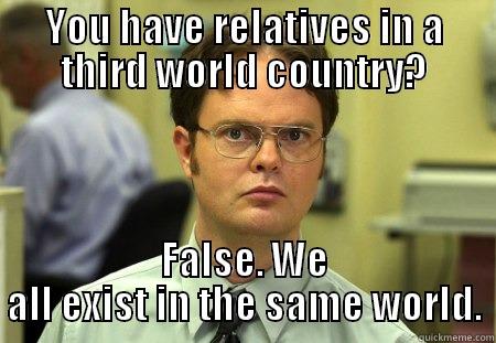 YOU HAVE RELATIVES IN A THIRD WORLD COUNTRY? FALSE. WE ALL EXIST IN THE SAME WORLD. Schrute