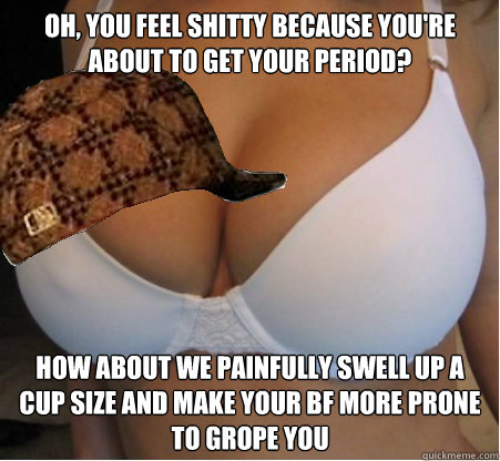 oh, you feel shitty because you're about to get your period? how about we painfully swell up a cup size and make your bf more prone to grope you  