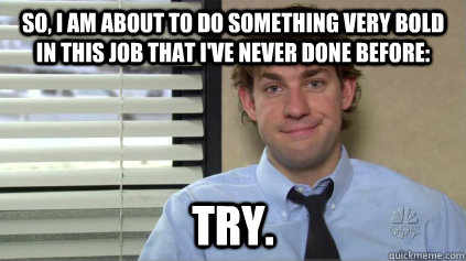 So, I am about to do something very bold in this job that I've never done before:  Try.  jim halpert