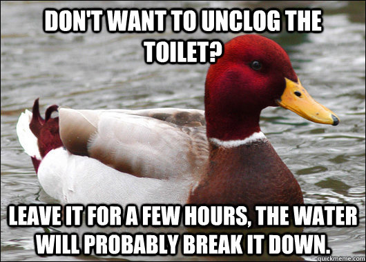 Don't want to unclog the toilet? Leave it for a few hours, the water will probably break it down.  Malicious Advice Mallard