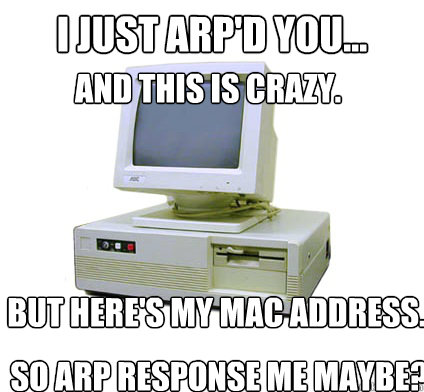 I just ARP'd you... And this is crazy. But here's my MAC address. So ARP response me maybe? - I just ARP'd you... And this is crazy. But here's my MAC address. So ARP response me maybe?  Your First Computer