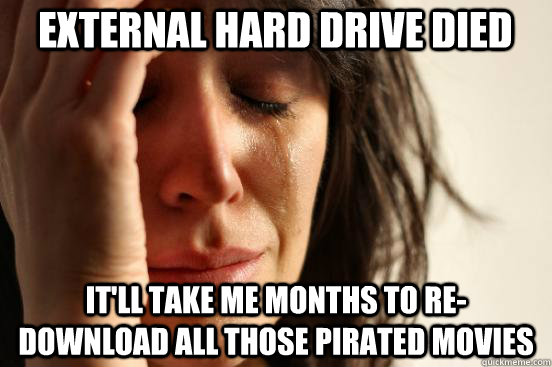 It'll take me months to re-download all those pirated movies external hard drive died  First World Problems