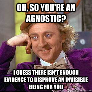 Oh, so you're an agnostic? I guess there isn't enough evidence to disprove an invisible being for you  Condescending Wonka