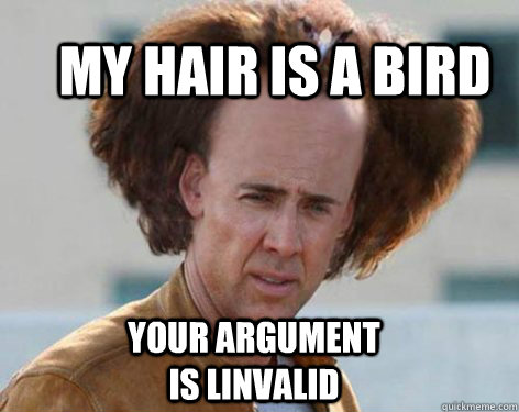 my hair is a bird your argument is linvalid  Crazy Nicolas Cage
