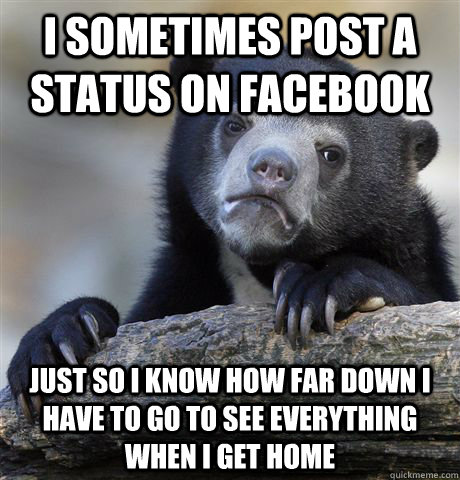 i sometimes post a status on facebook just so i know how far down i have to go to see everything when i get home - i sometimes post a status on facebook just so i know how far down i have to go to see everything when i get home  Confession Bear