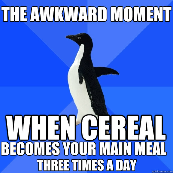 The awkward moment  when cereal becomes your main meal three times a day  Socially Awkward Penguin