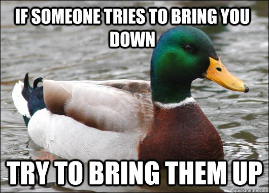 If someone tries to bring you down Try to bring them up  Actual Advice Mallard