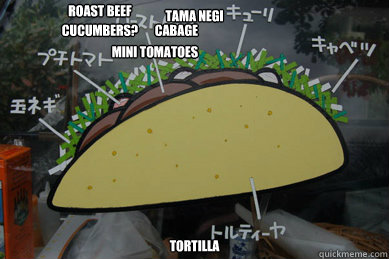tama negi tortilla roast beef cucumbers? cabage mini tomatoes  