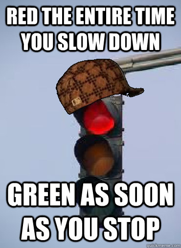 Red the entire time you slow down Green as soon as you stop  