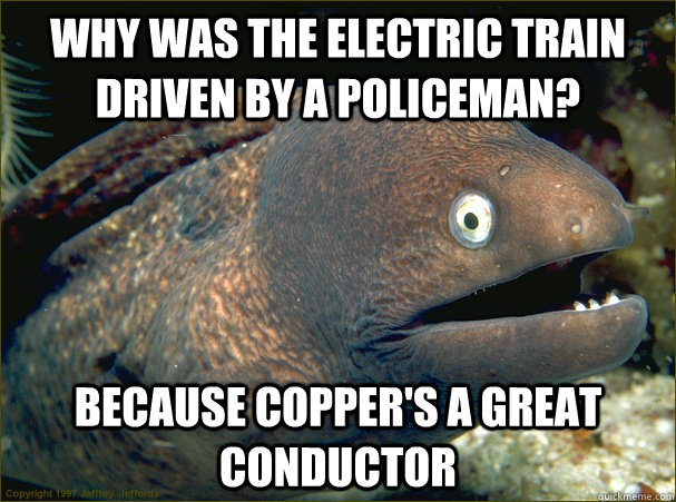 Why was the electric train driven by a policeman? Because Copper's a great conductor  Bad Joke Eel