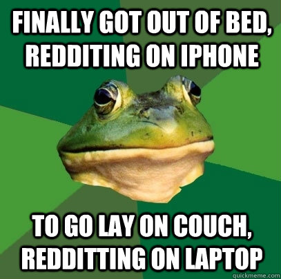 Finally got out of bed, redditing on Iphone To go lay on couch, redditting on laptop  Foul Bachelor Frog