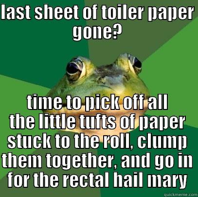 dsf fds - LAST SHEET OF TOILER PAPER GONE? TIME TO PICK OFF ALL THE LITTLE TUFTS OF PAPER STUCK TO THE ROLL, CLUMP THEM TOGETHER, AND GO IN FOR THE RECTAL HAIL MARY Foul Bachelor Frog