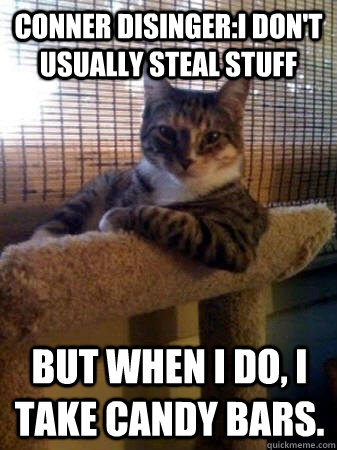 Conner disinger:I don't usually steal stuff But when I do, I take candy bars.  The Most Interesting Cat in the World