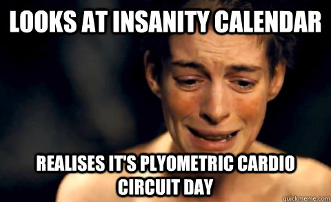 Looks at insanity calendar Realises it's plyometric cardio circuit day  Insanity 60 Day Workout Challenge