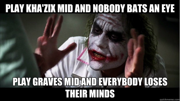 play Kha'Zix mid and nobody bats an eye Play Graves mid and everybody loses their minds - play Kha'Zix mid and nobody bats an eye Play Graves mid and everybody loses their minds  Joker Mind Loss