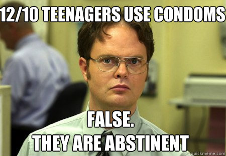 12/10 teenagers use condoms False.
they are abstinent  Schrute