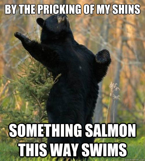 By the pricking of my shins Something salmon this way swims - By the pricking of my shins Something salmon this way swims  Shakesbear