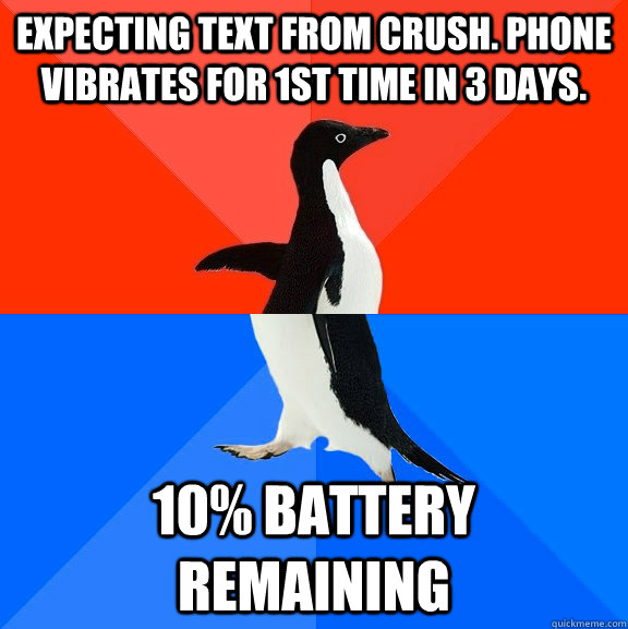 Expecting text from crush. Phone vibrates for 1st time in 3 days. 10% battery remaining  Socially Awesome Awkward Penguin