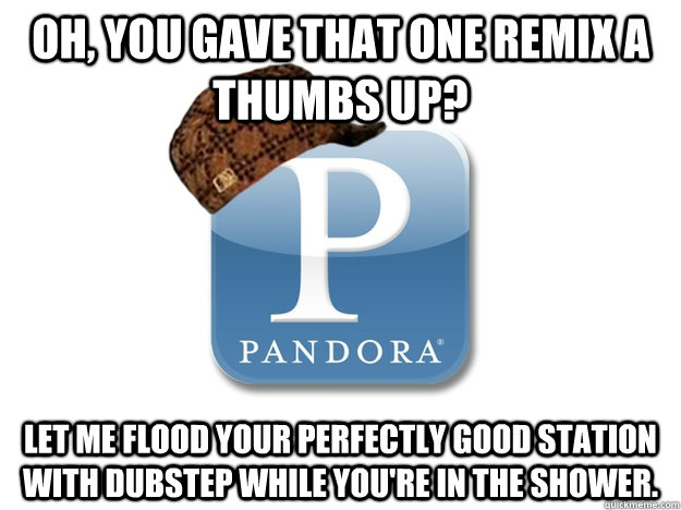 Oh, you gave that one remix a thumbs up? Let me flood your perfectly good station with dubstep while you're in the shower. - Oh, you gave that one remix a thumbs up? Let me flood your perfectly good station with dubstep while you're in the shower.  Misc