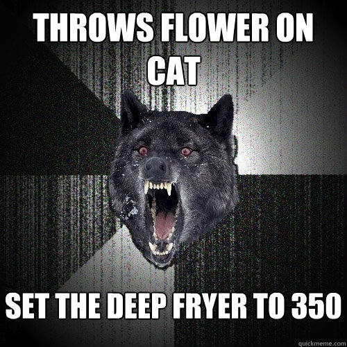 Throws flower on cat set the deep fryer to 350  Insanity Wolf