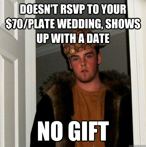 Doesn't RSVP to your $70/plate wedding, shows up with a date No gift  Scumbag Steve