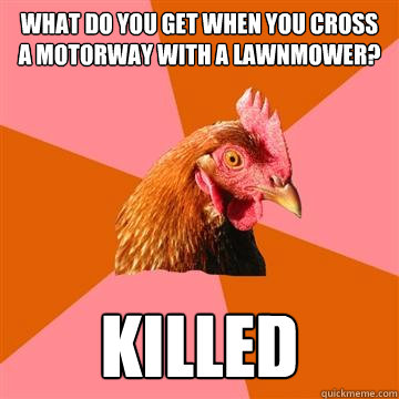 What do you get when you cross a motorway with a lawnmower? killed - What do you get when you cross a motorway with a lawnmower? killed  Anti-Joke Chicken