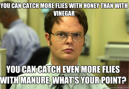 You can catch more flies with honey than with vinegar You can catch even more flies with manure, what's your point?  Schrute