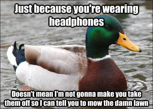 Just because you're wearing headphones Doesn't mean I'm not gonna make you take them off so I can tell you to mow the damn lawn  Actual Advice Mallard