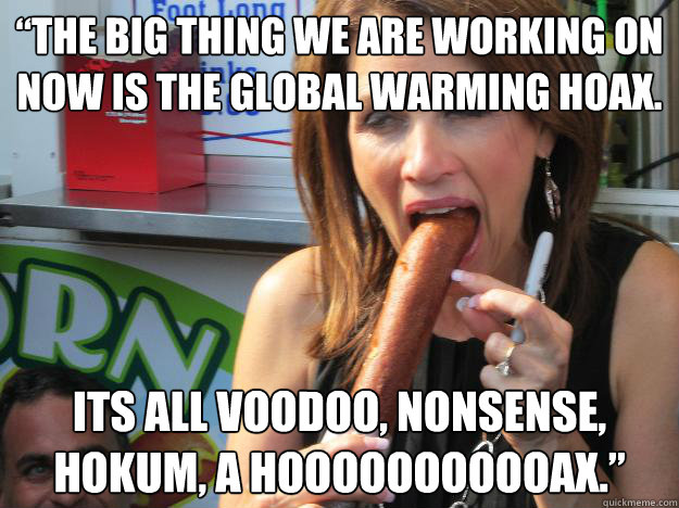 “The big thing we are working on now is the global warming hoax. Its all voodoo, nonsense, hokum, a hooooooooooax.”  Slutty Michele