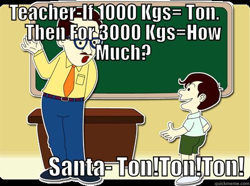 TEACHER-IF 1000 KGS= TON.      THEN FOR 3000 KGS=HOW MUCH?             SANTA- TON!TON!TON! Misc