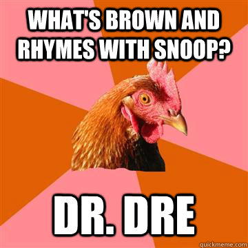 What's brown and rhymes with snoop? Dr. Dre  Anti-Joke Chicken
