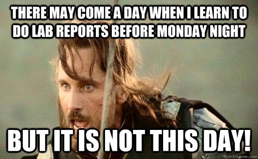 There may come a day when I learn to do lab reports before Monday night but it is not this day! - There may come a day when I learn to do lab reports before Monday night but it is not this day!  Aragorn