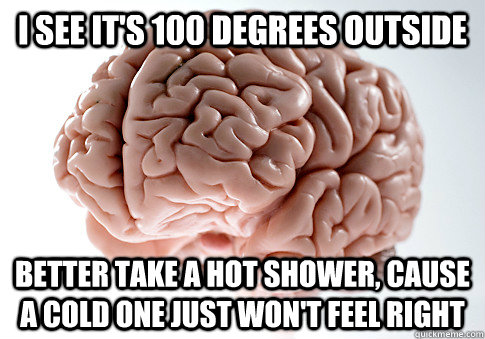 I see it's 100 degrees outside Better take a hot shower, cause a cold one just won't feel right  Scumbag Brain