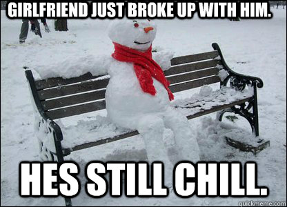 Girlfriend just broke up with him. hes still chill.  cool snowman