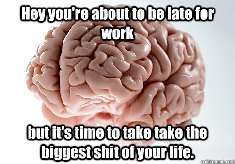 Hey you're about to be late for work but it's time to take take the biggest shit of your life.   Scumbag Brain