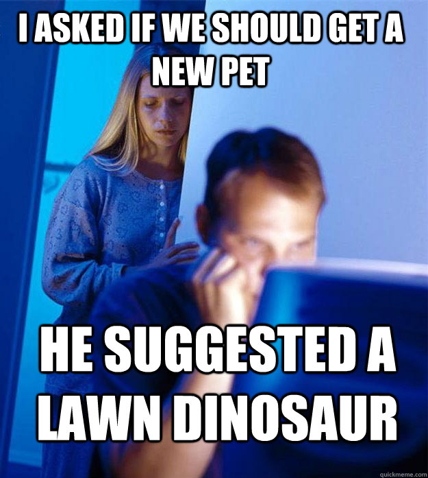 I asked if we should get a new pet he suggested a lawn dinosaur  Redditors Wife