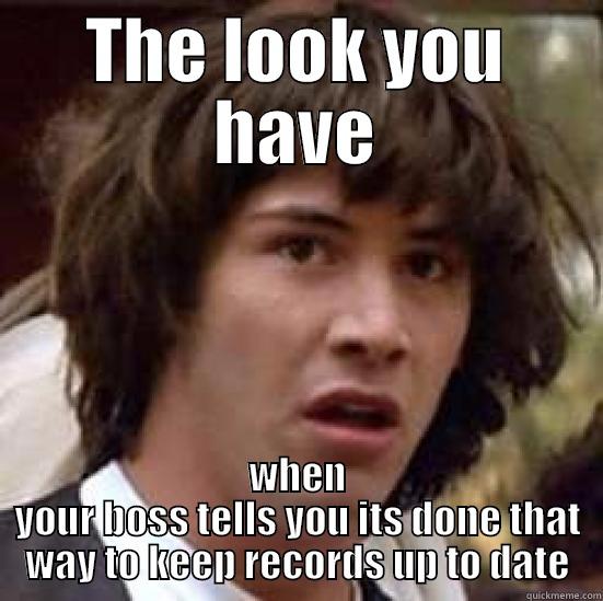 THE LOOK YOU HAVE WHEN YOUR BOSS TELLS YOU ITS DONE THAT WAY TO KEEP RECORDS UP TO DATE conspiracy keanu