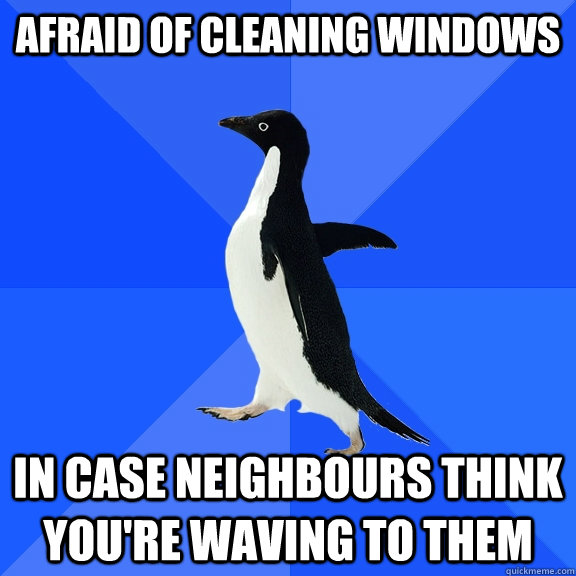afraid of cleaning windows in case neighbours think you're waving to them  Socially Awkward Penguin