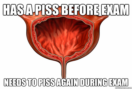 Has a piss before exam Needs to piss again during exam  Troll Bladder