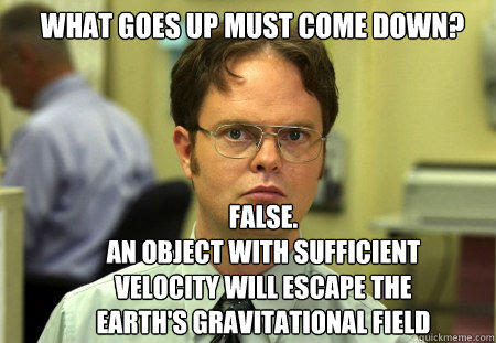 what goes up must come down? false.
an object with sufficient velocity will escape the earth's gravitational field - what goes up must come down? false.
an object with sufficient velocity will escape the earth's gravitational field  Schrute