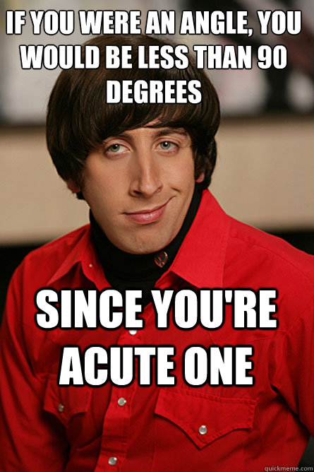 If you were an angle, you would be less than 90 degrees since you're acute one - If you were an angle, you would be less than 90 degrees since you're acute one  Pickup Line Scientist