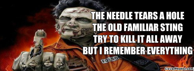 The needle tears a hole
The old familiar sting 
Try to kill it all away 
But I remember everything 
 - The needle tears a hole
The old familiar sting 
Try to kill it all away 
But I remember everything 
  Cash