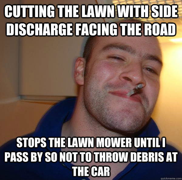 Cutting the lawn with side discharge facing the road stops the lawn mower until i pass by so not to throw debris at the car - Cutting the lawn with side discharge facing the road stops the lawn mower until i pass by so not to throw debris at the car  Misc