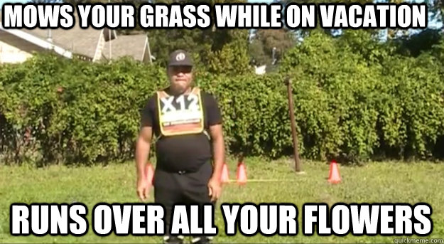Mows your grass while on vacation runs over all your flowers  