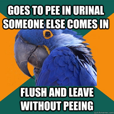 Goes to pee in urinal Someone else comes in Flush and leave without peeing  Paranoid Parrot