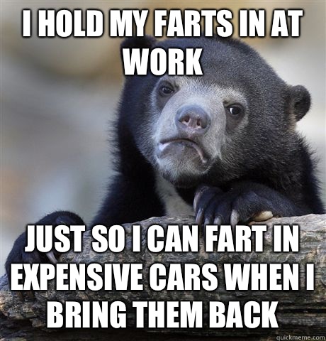 I hold my farts in at work Just so I can fart in expensive cars when I bring them back - I hold my farts in at work Just so I can fart in expensive cars when I bring them back  Confession Bear