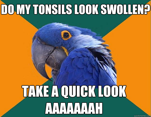 do my tonsils look swollen? take a quick look aaaaaaah  Paranoid Parrot