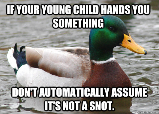 If your young child hands you something don't automatically assume it's not a snot.  Actual Advice Mallard