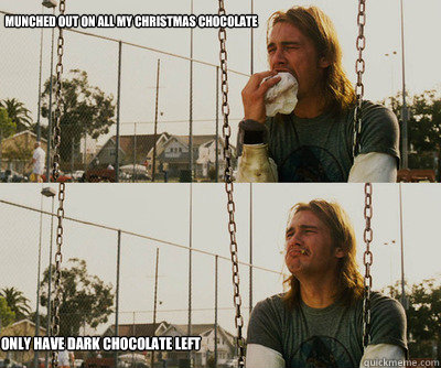 Munched out on all my Christmas chocolate  Only have dark chocolate left  First World Stoner Problems